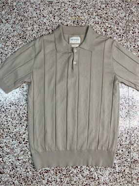 Far Afield Beige Solid Knit Polo Shirt Men's L Short Sleeve Button Collar